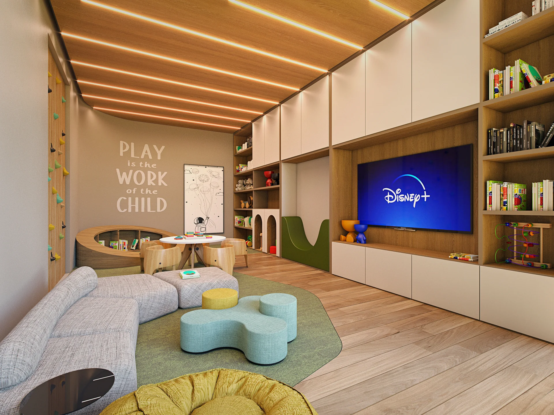 Espace récréatif enfant sécurisé et créatif, avec zone multimédia et jeux.