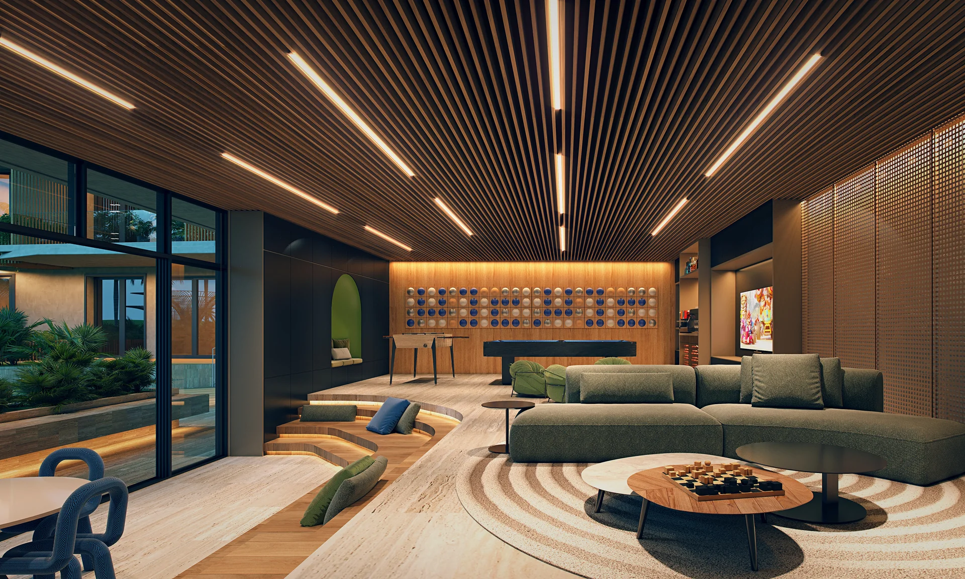 Salon social exclusif pour propriétaires avec espaces lecture, co-working et détente.