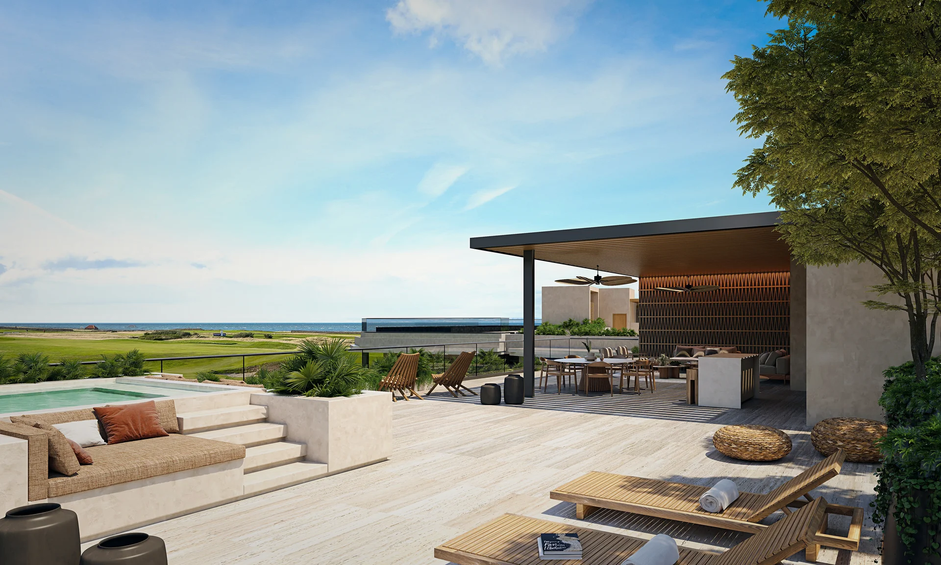 Terrasse privée de grande échelle, salle à manger extérieure, solarium et pergola gourmet.