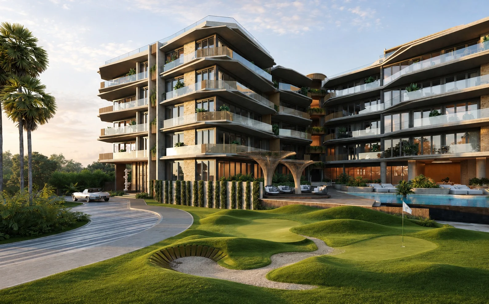 Vue extérieure du complexe avec putting green intégré au paysagement frontal.