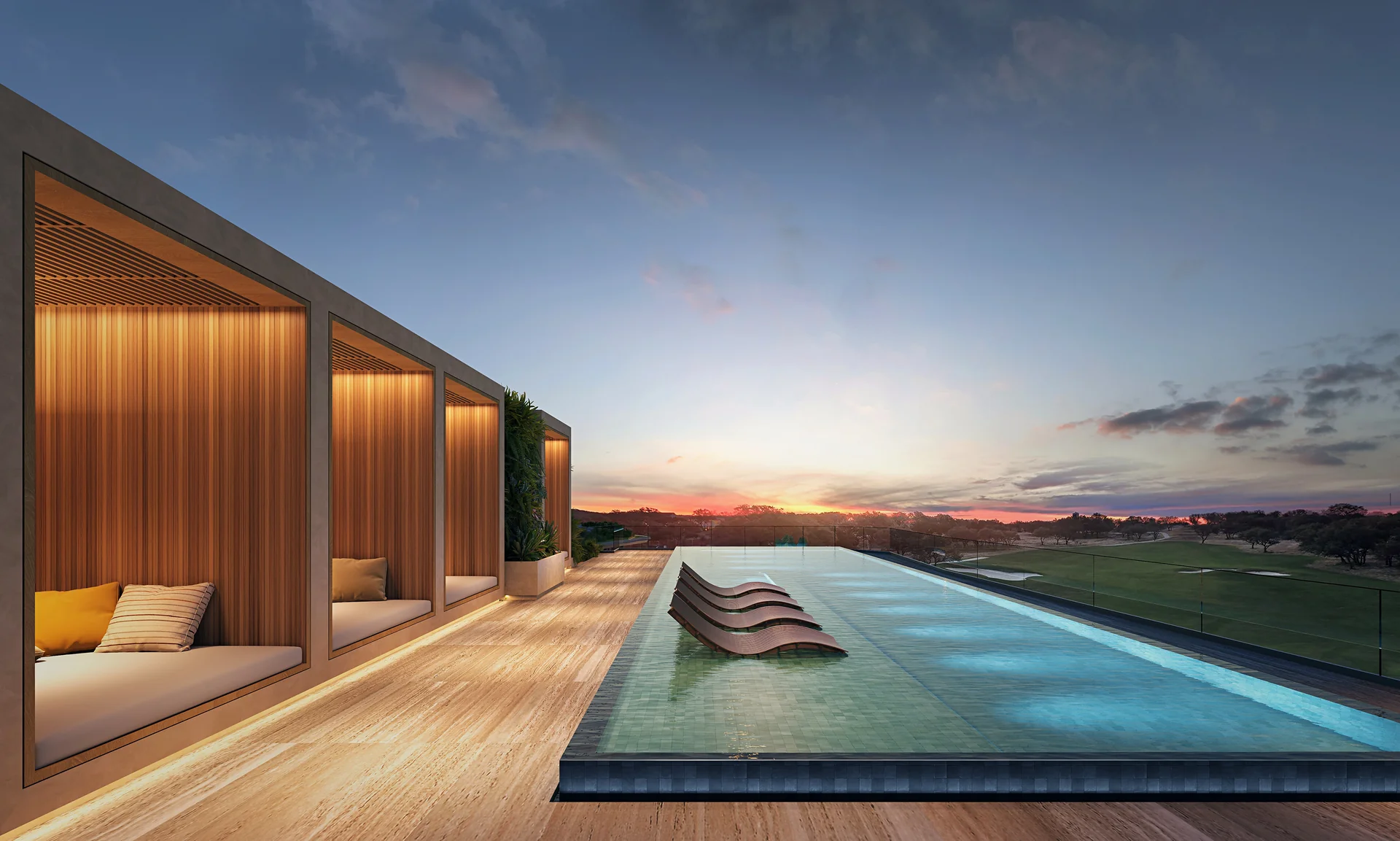 Vues crépusculaires privilégiées, transats immergés dans la sky pool.