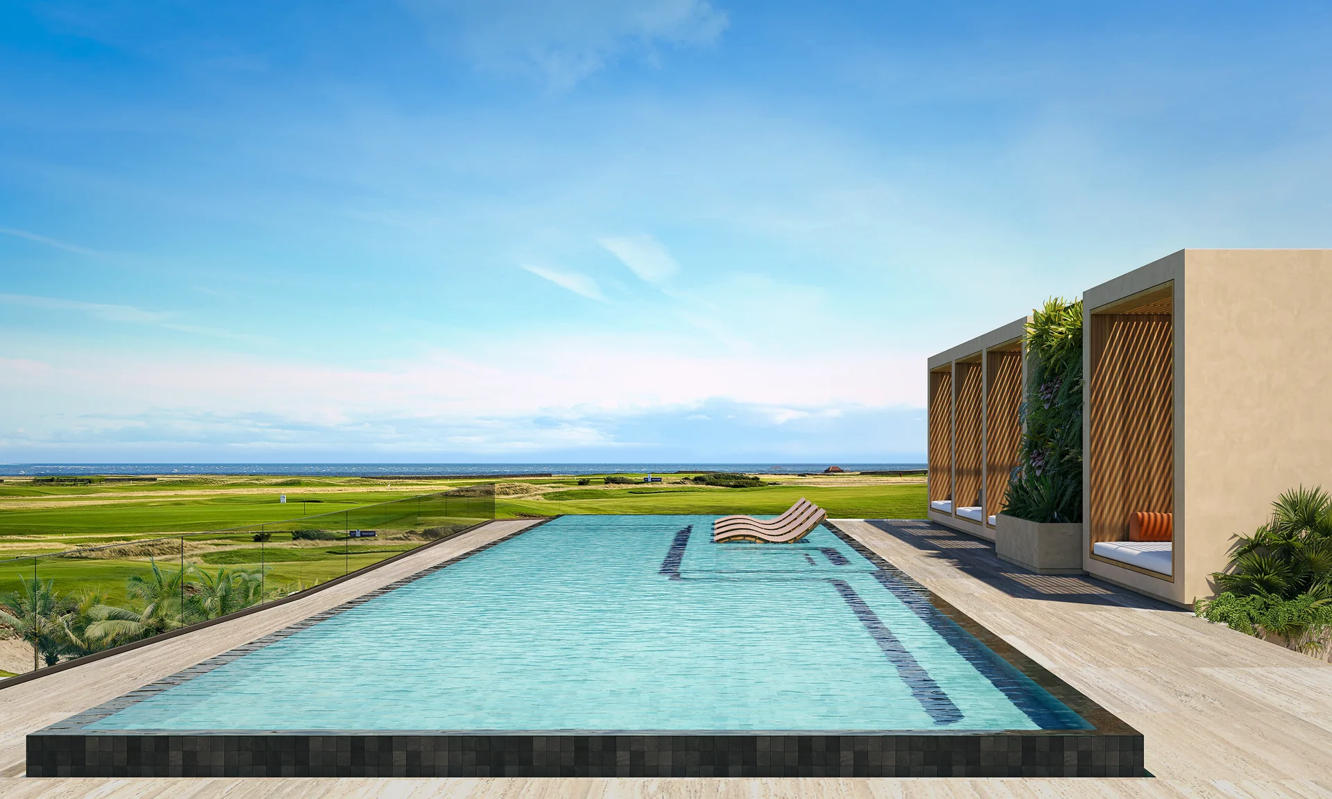 Piscine à débordement en toiture, horizon infini sur les Caraïbes et le golf.