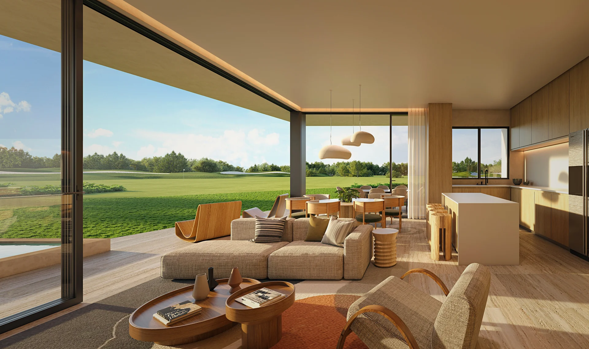 Espace de séjour diaphane, vues panoramiques ininterrompues sur le fairway.
