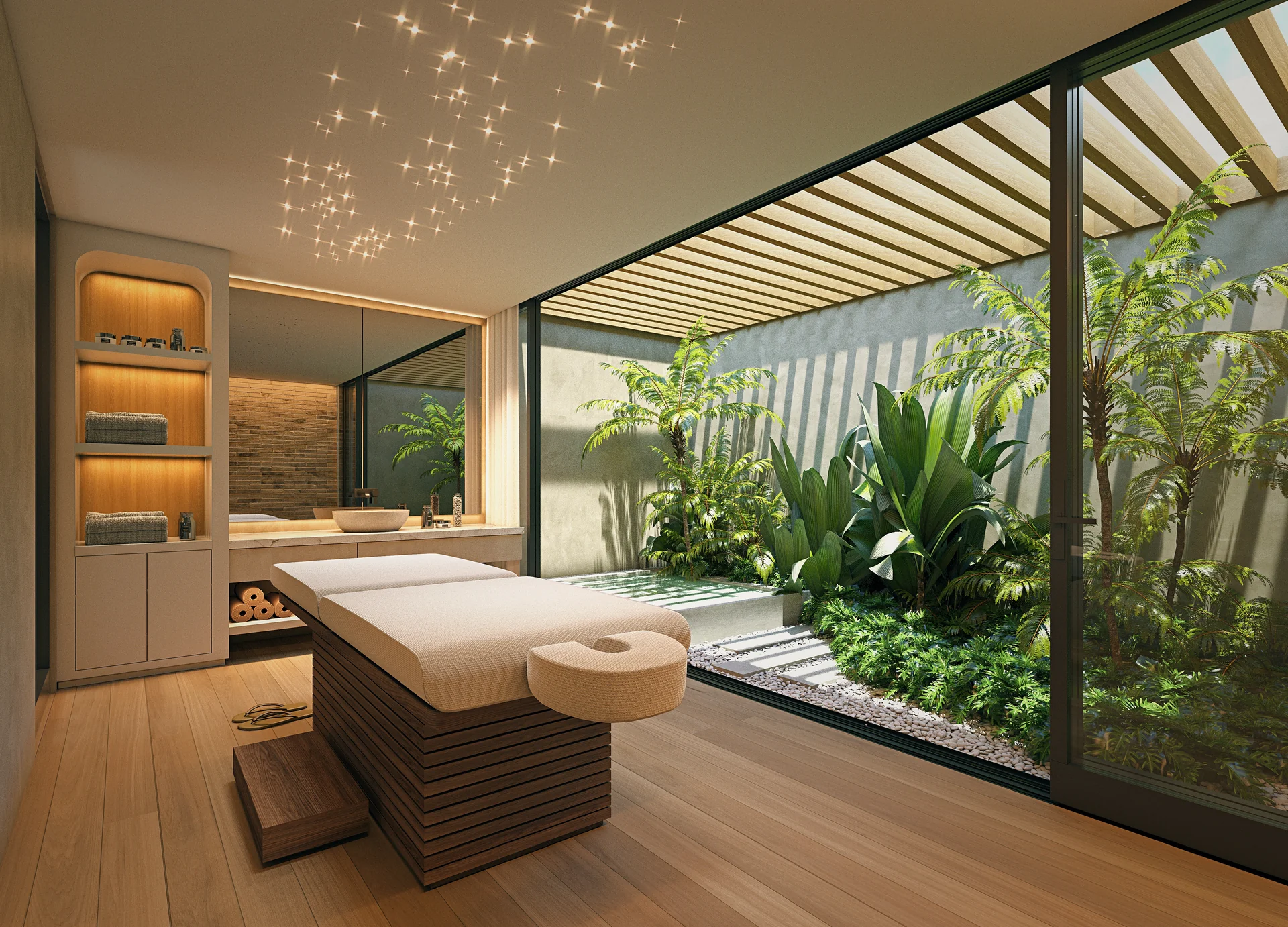 Cabine privée de soins et massages reliée à un jardin intérieur zen.