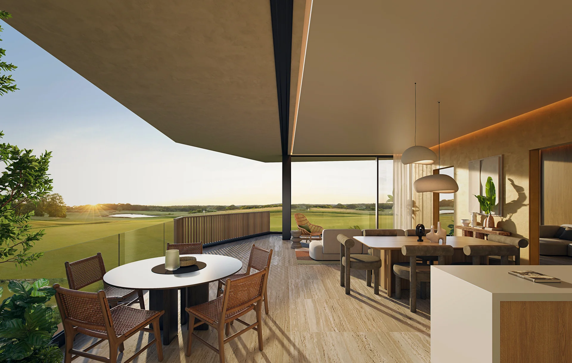 Terrasse profonde d'angle qui maximise la brise croisée et la perspective végétale.