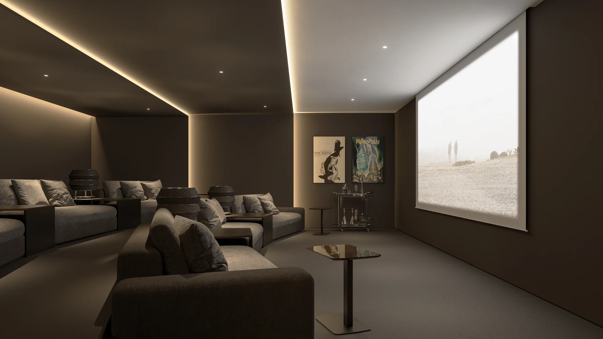 Salle de cinéma privée au traitement acoustique soigné et fauteuils inclinables en cuir.
