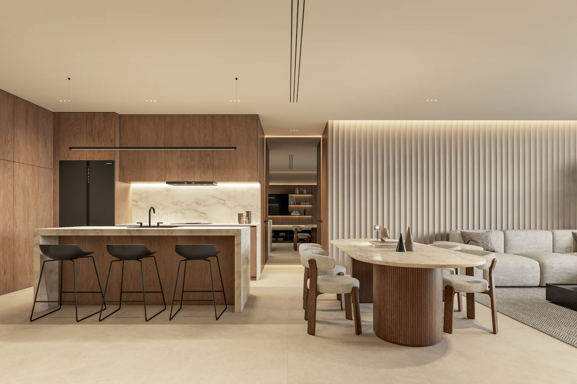 Grand salon ouvert à concept intégré, îlot gourmet et menuiseries européennes.