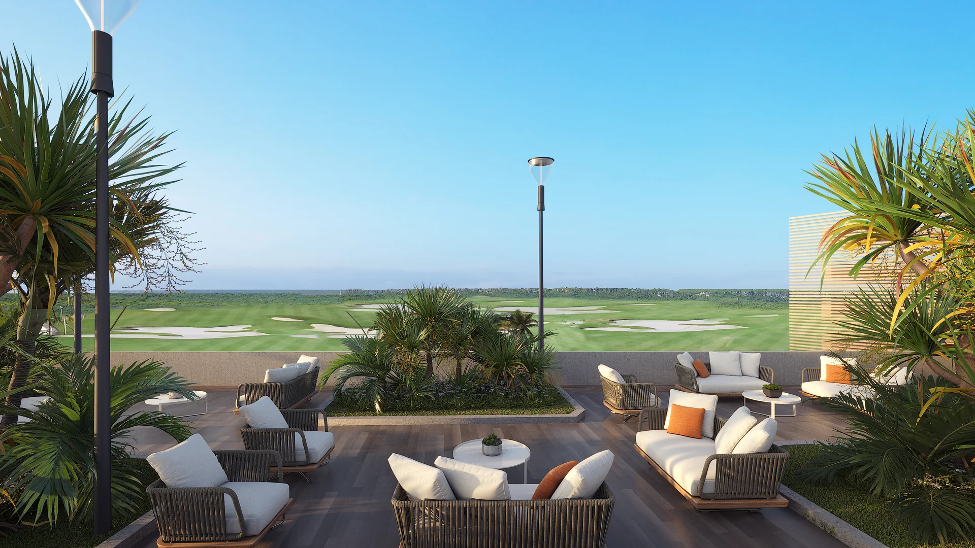 Intégration visuelle harmonieuse vers la végétation tropicale et les fairways de Cap Cana.