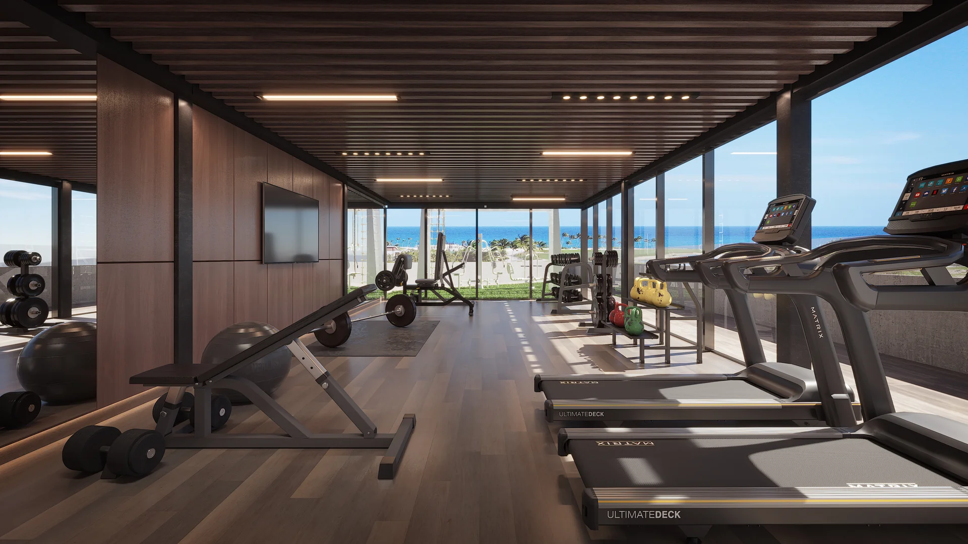 Salle de sport climatisée haute performance, ouverte sur des jardins zen.