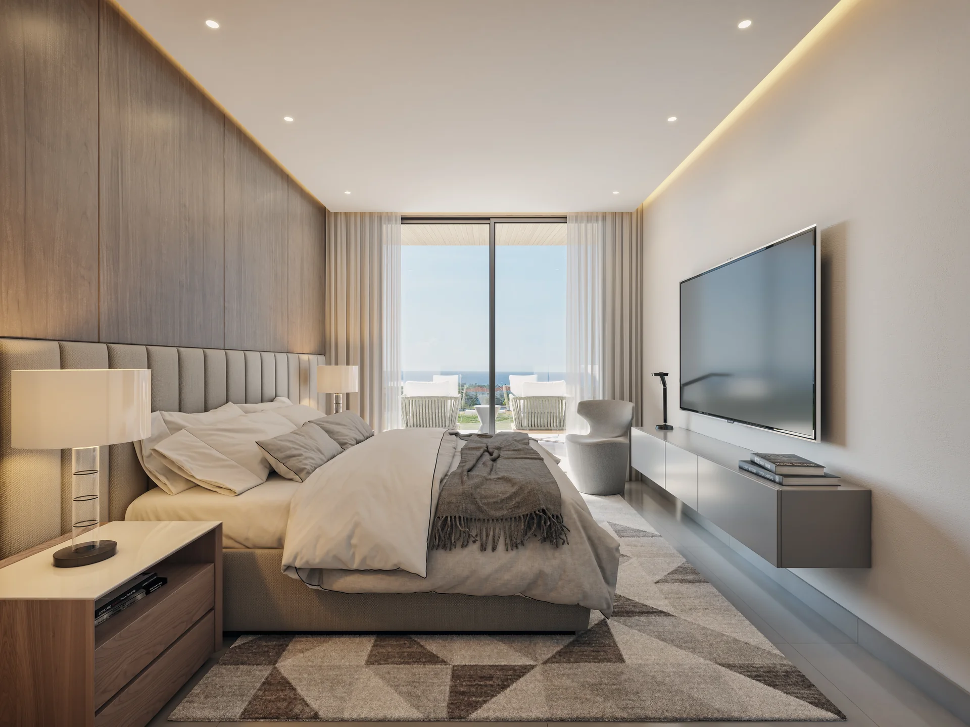 Chambre principale aux tonalités neutres, dressing et accès direct au balcon.