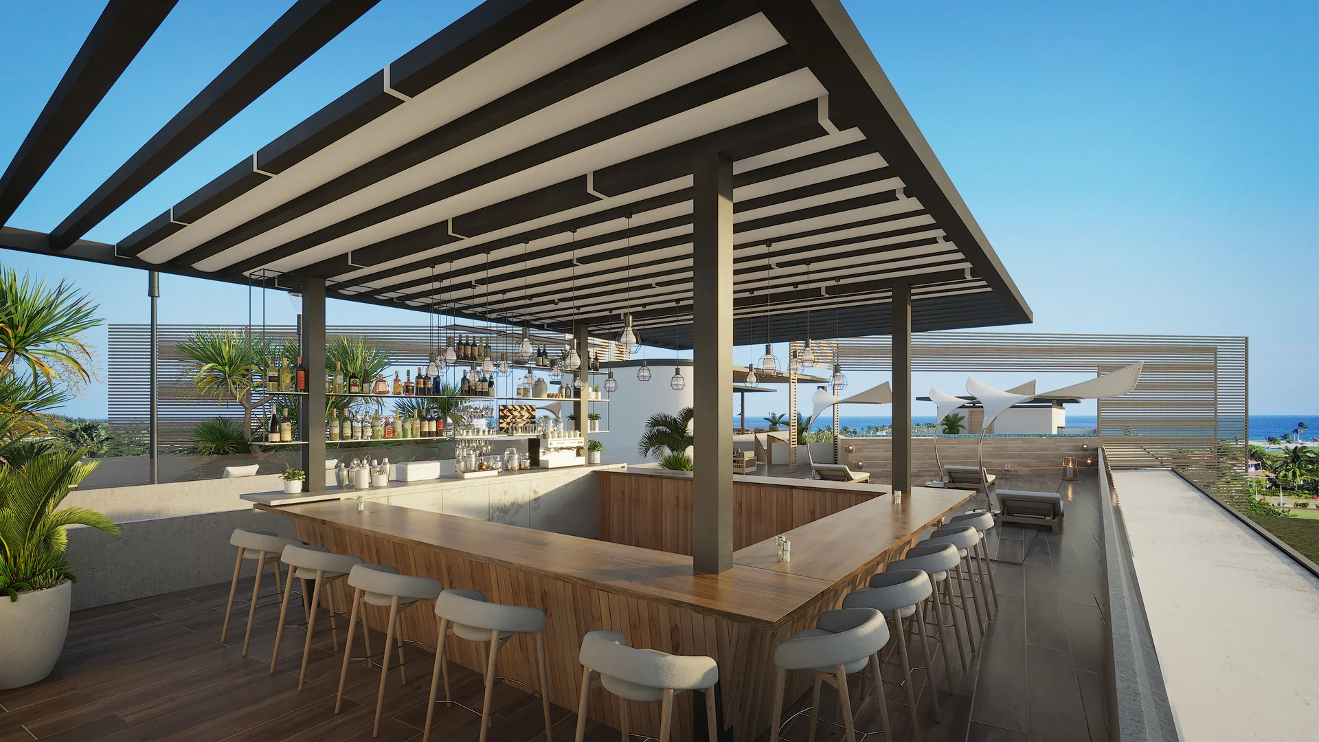 Terrasse lounge supérieure avec bar à cocktails et vues dégagées sur l'environnement naturel.