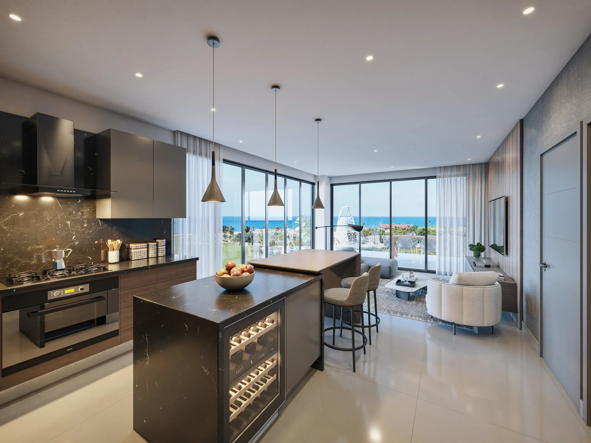 Espaces de vie à concept ouvert, mobilier signé et baies vitrées toute hauteur.