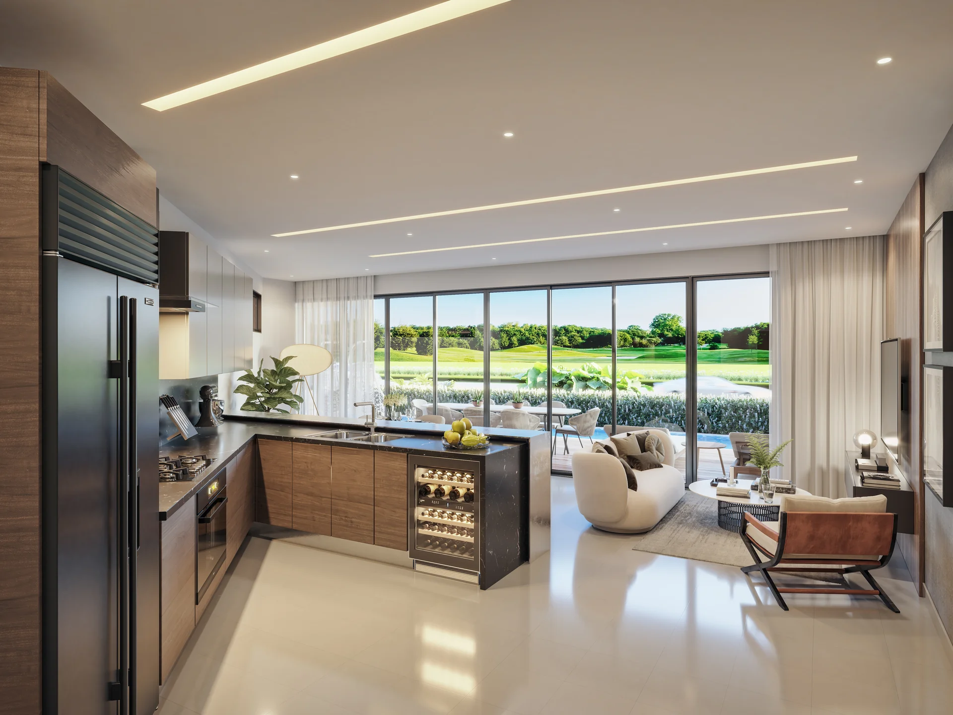 Salon principal des résidences au premier niveau, avec accès direct à la terrasse privée et au jardin.